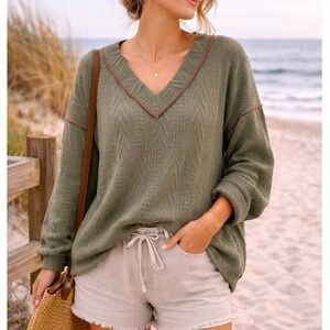 BiB! BIBI Women's Olive Green Textured V Neck Long Sleeve Top beachy coastal L